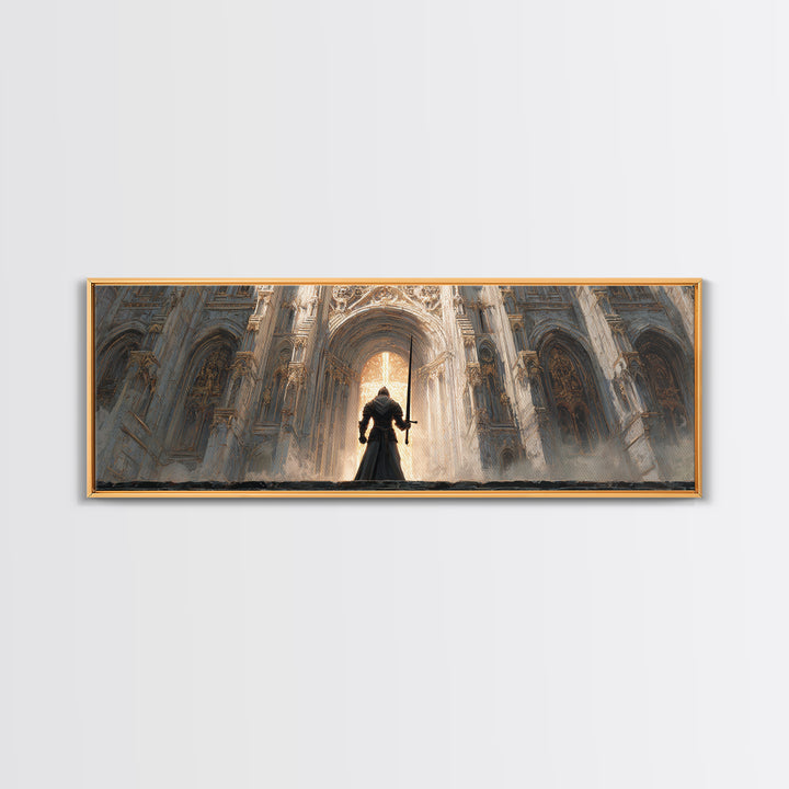 Epic Knight Standing Before Illuminated Cathedral Entrance Wall Art Framed Canvas Print For Dramatic Home Decor Gift
