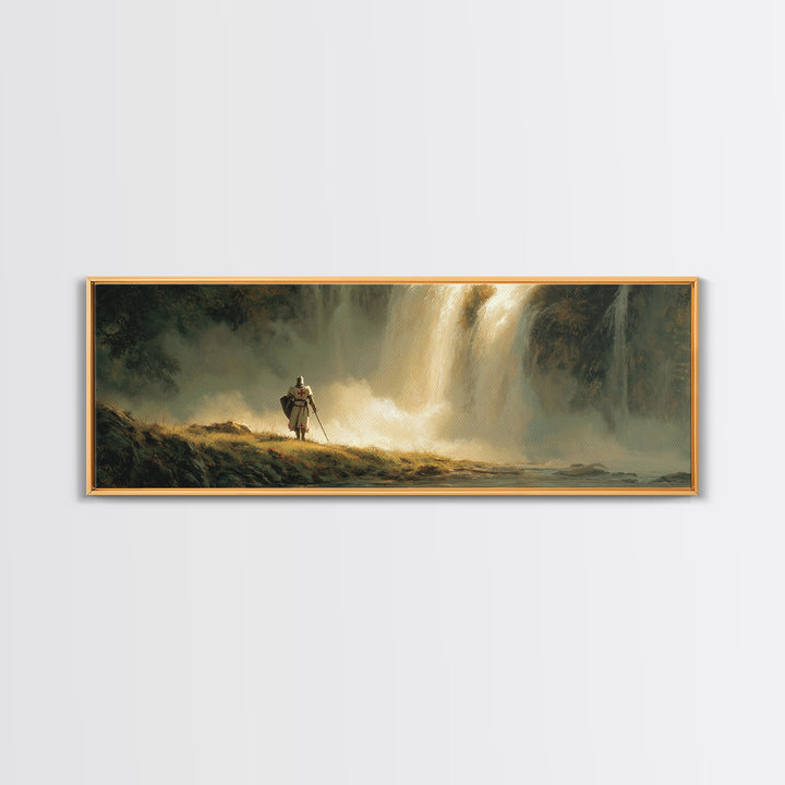 Medieval Knight Standing Near Waterfall Landscape Oil Painting Wall Art Canvas Print For Home Decor