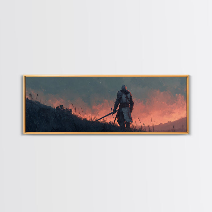 Brave Medieval Knight Staring At Fiery Sunset Holding Sword Canvas Print