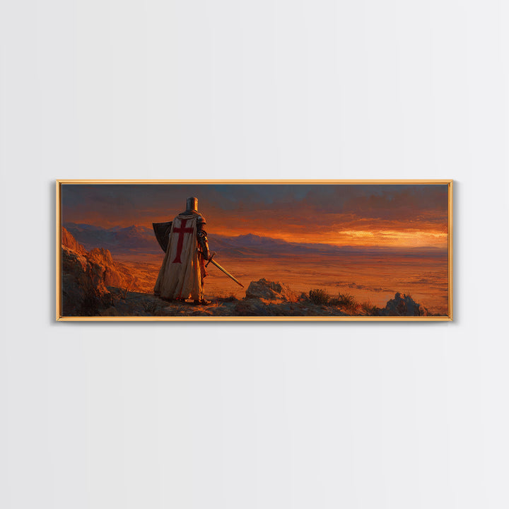 Medieval Knight Standing on Cliff Overlooking Sunset Dramatic Figurative Wall Art Oil Painting Canvas Print for Rustic Home Decor