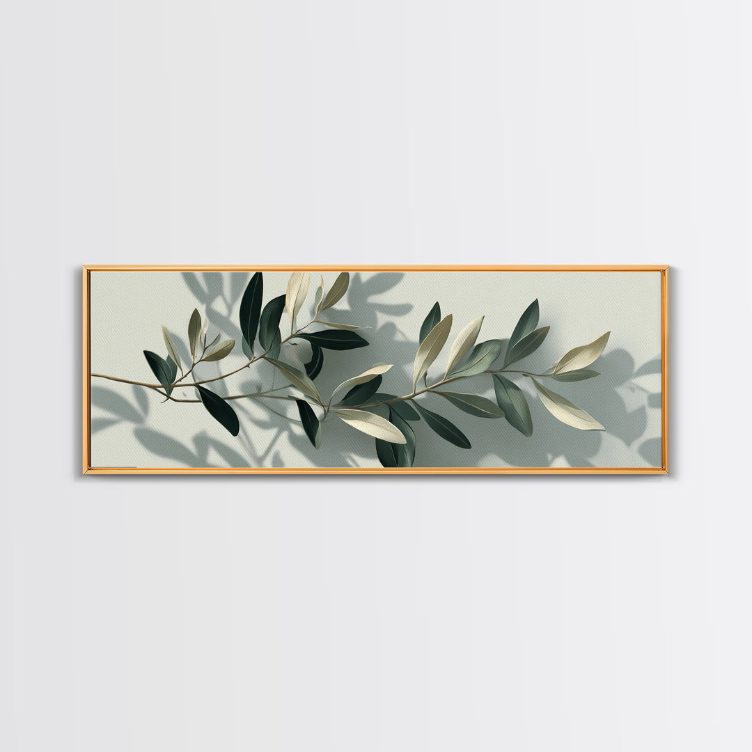 Olive Branch With Soft Shadows Wall Art, Minimalist Botanical Art Print, Sage Green Wall Decor, Modern Japandi Canvas Print