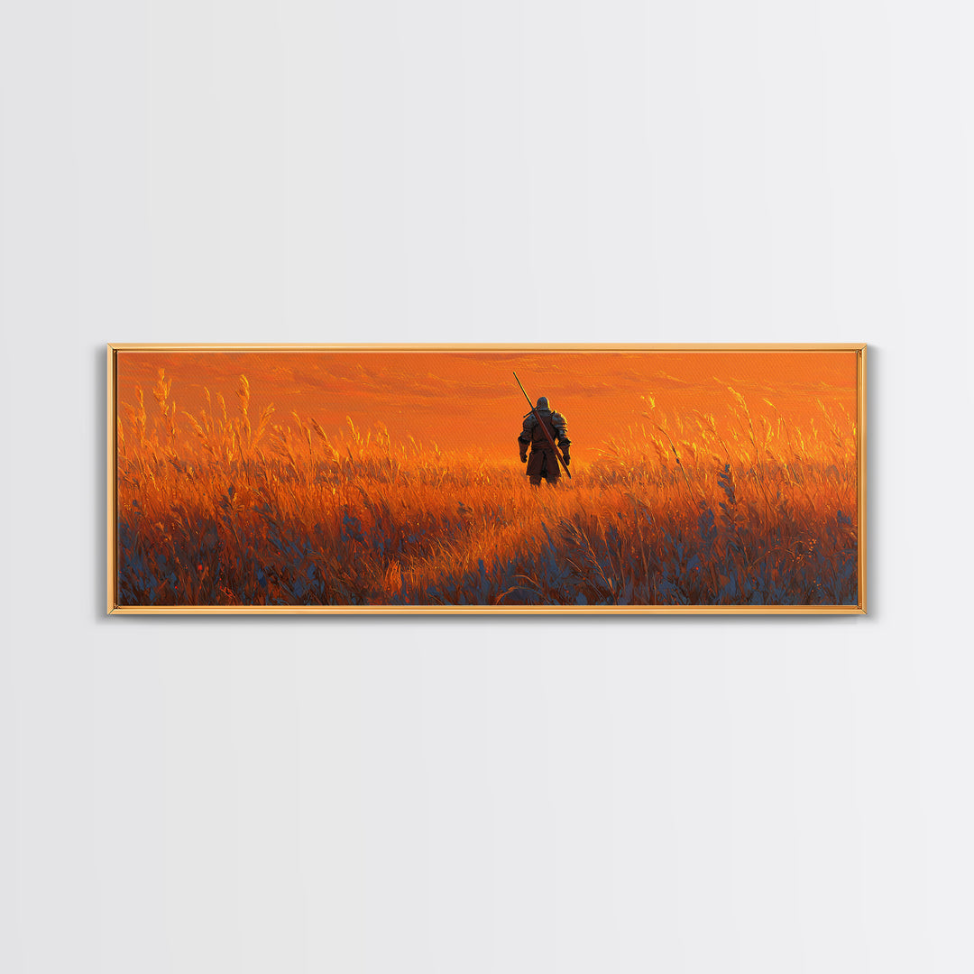 Epic Warrior Standing in Fiery Field Fantasy Painting Wall Art Framed Canvas Print with Dramatic Sky for Home and Office Decor