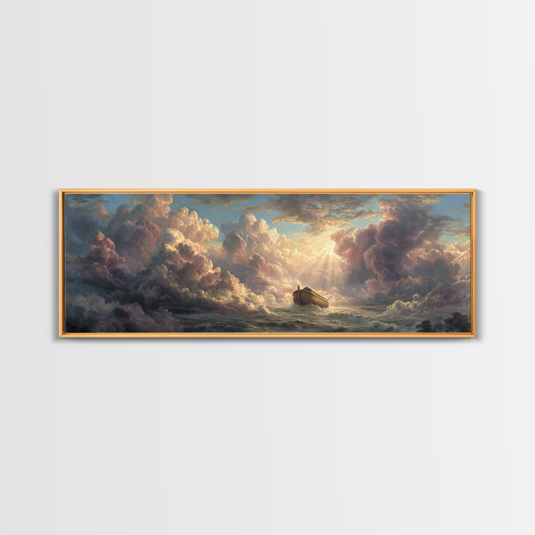 Epic Noah's Ark Floating On Stormy Sea With Divine Light Breaking Through Clouds Canvas Print
