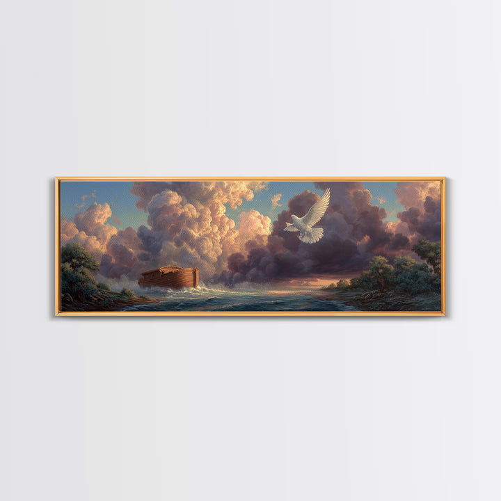 Serene Noahs Ark Ocean Landscape With Dove And Dramatic Sky Inspirational Wall Art Framed Canvas Print