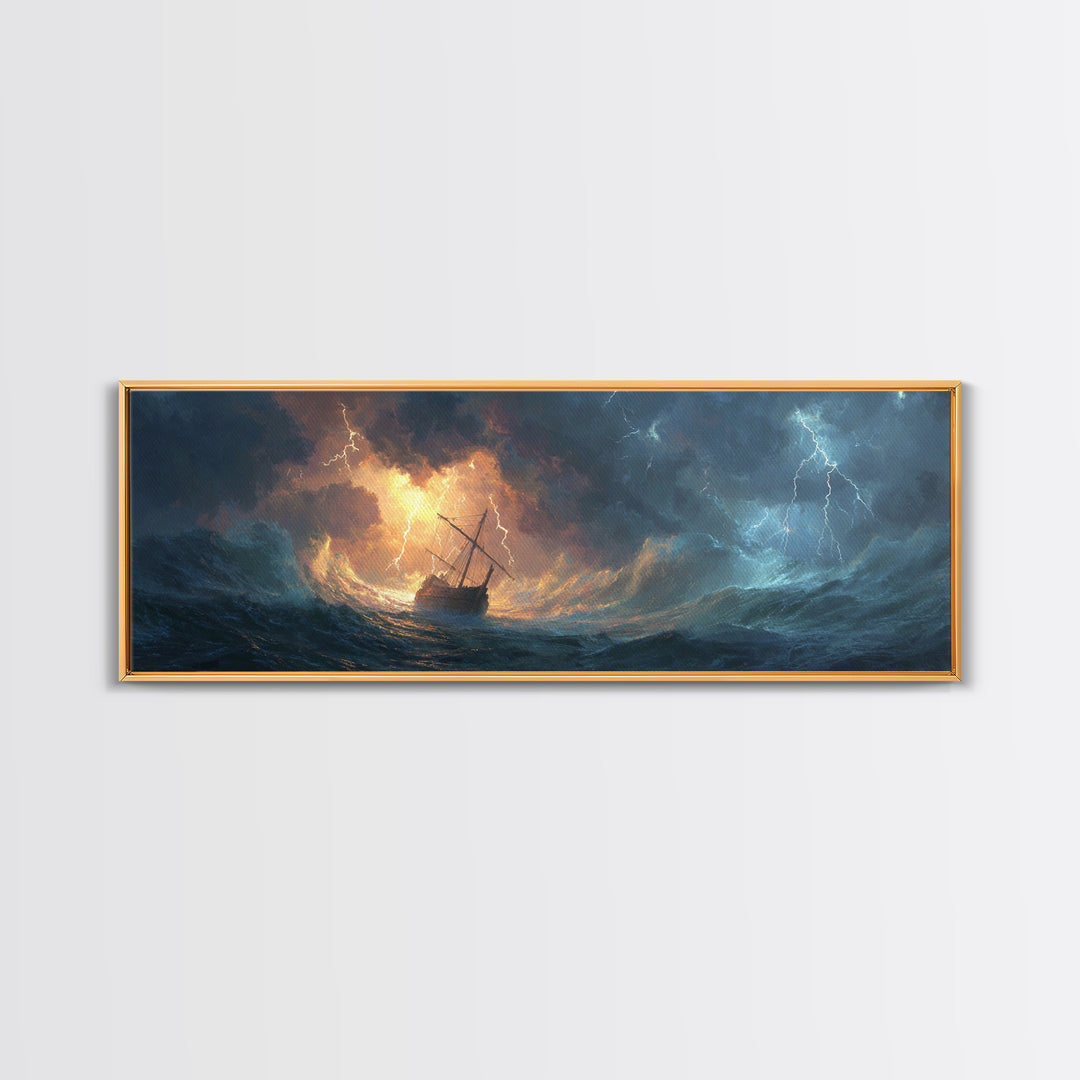 Stormy Ocean Ship In Lightning And Waves Painting Dramatic Seascape Wall Art Framed Canvas Print Perfect For Coastal Living Room Or Nautical Office Decor