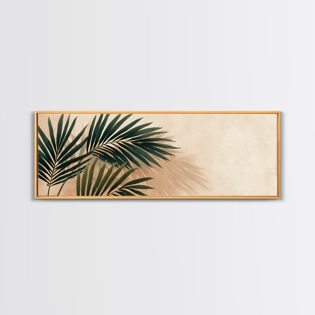 Tropical Palm Leaf Shadows Wall Art, Minimal Botanical Canvas Print, Coastal Boho Home Decor, Neutral Beige Living Room Art