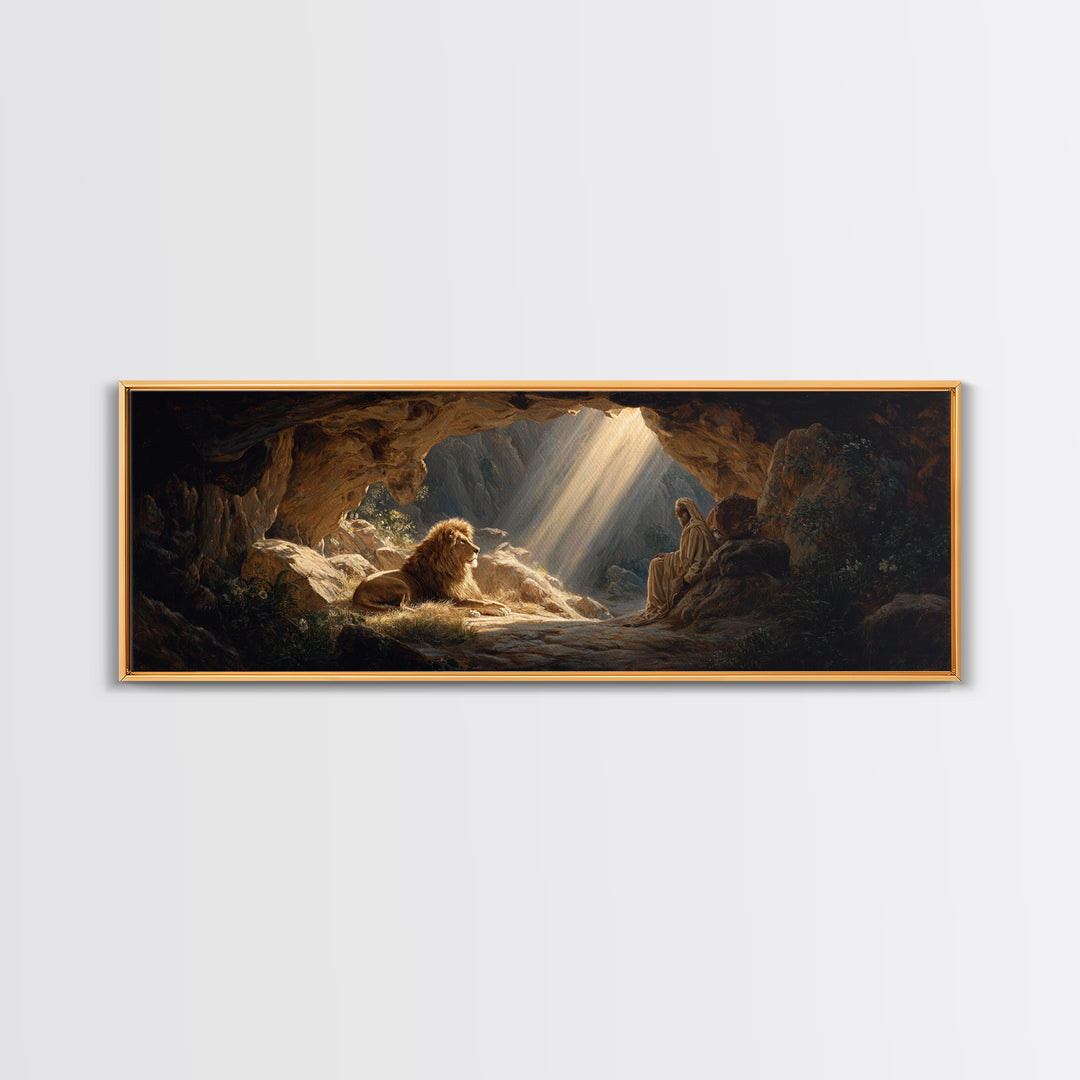 Sunlit Cave Scene With Lion And Sage Figure Painting Wall Art Framed Canvas Print For Mystical Home Decor