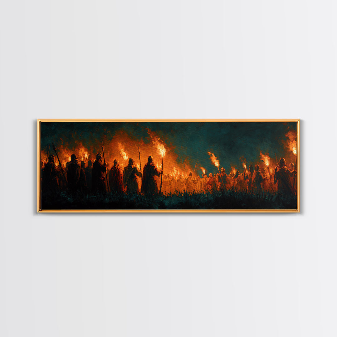 Moody Fiery Torch Lit Night Procession Painting Wall Art Framed Canvas Print For Medieval Dark Romantic And Gothic Decor