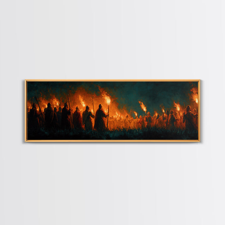 Moody Fiery Torch Lit Night Procession Painting Wall Art Framed Canvas Print For Medieval Dark Romantic And Gothic Decor
