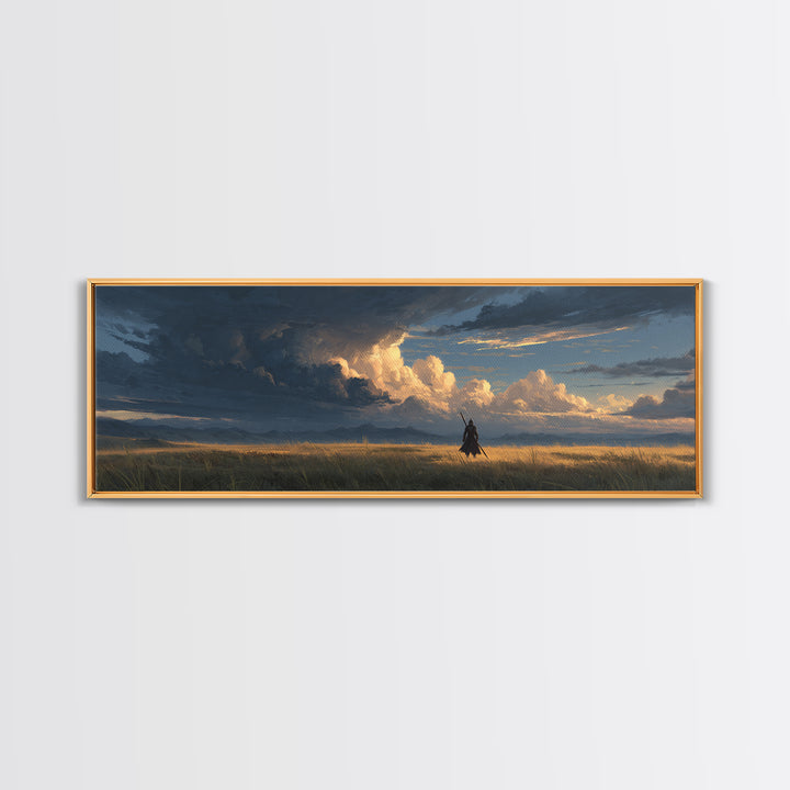 Knight In Field Under Dramatic Cloudscape Sunset Sky Wall Art Canvas Print For Rustic Living Room Decor And Gift For Him