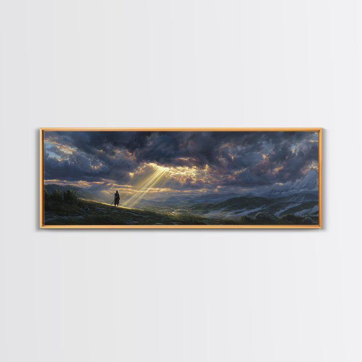 Sunlight Breaking Through Stormy Clouds Over Knight In Vast Landscape Canvas Print Large Wall Art For Moody Home Decor