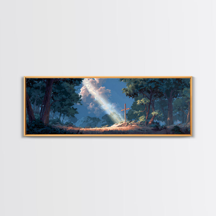 Sun Beam Lighting Cross On Hill With Forest Background Moody Religious Wall Art Canvas Print