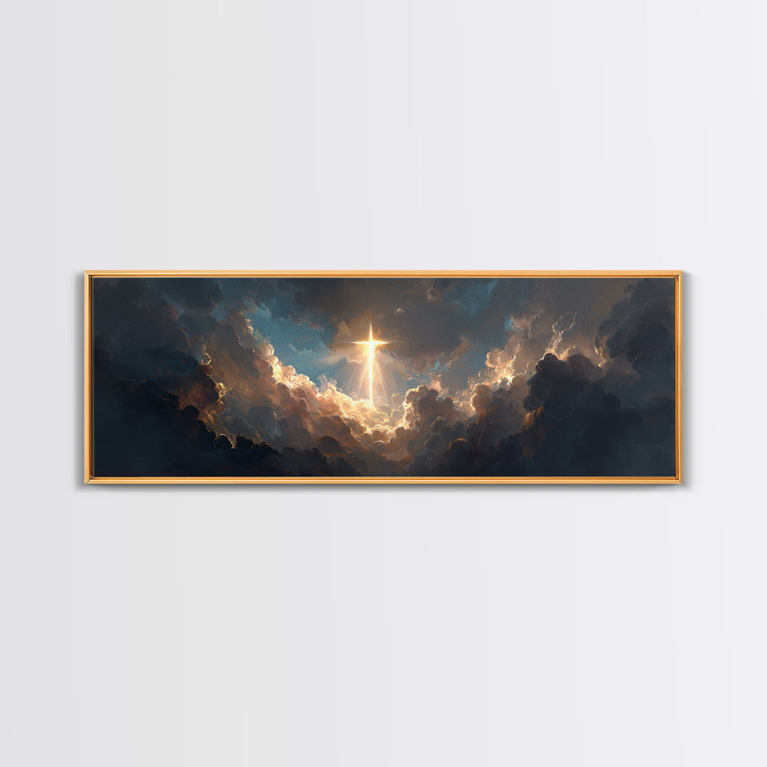 Majestic Gleaming Cross In Clouds Spiritual Religious Wall Art Framed Canvas Print Inspirational Home Decor