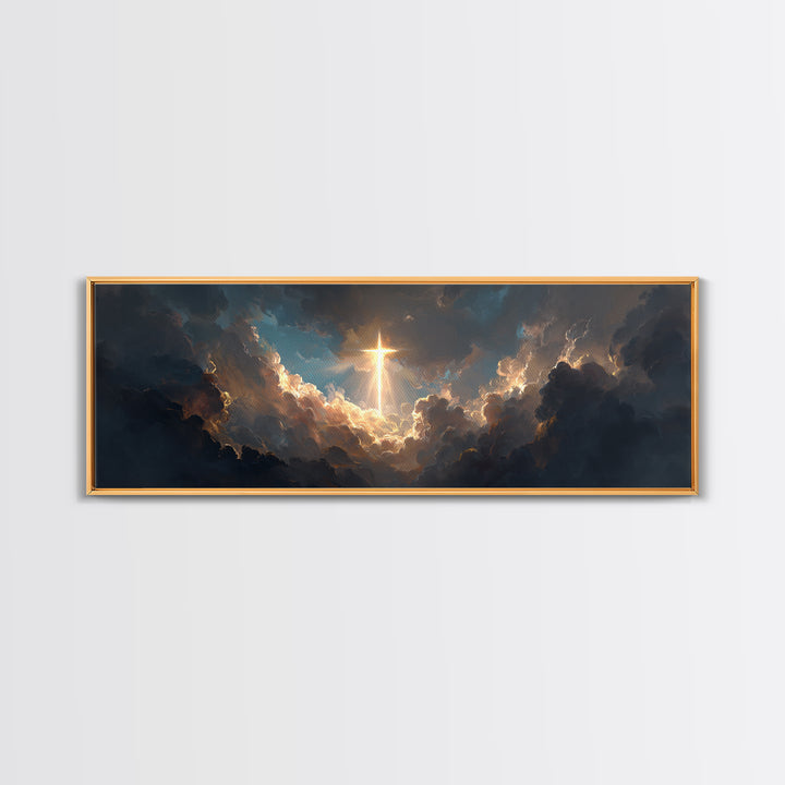 Majestic Gleaming Cross In Clouds Spiritual Religious Wall Art Framed Canvas Print Inspirational Home Decor
