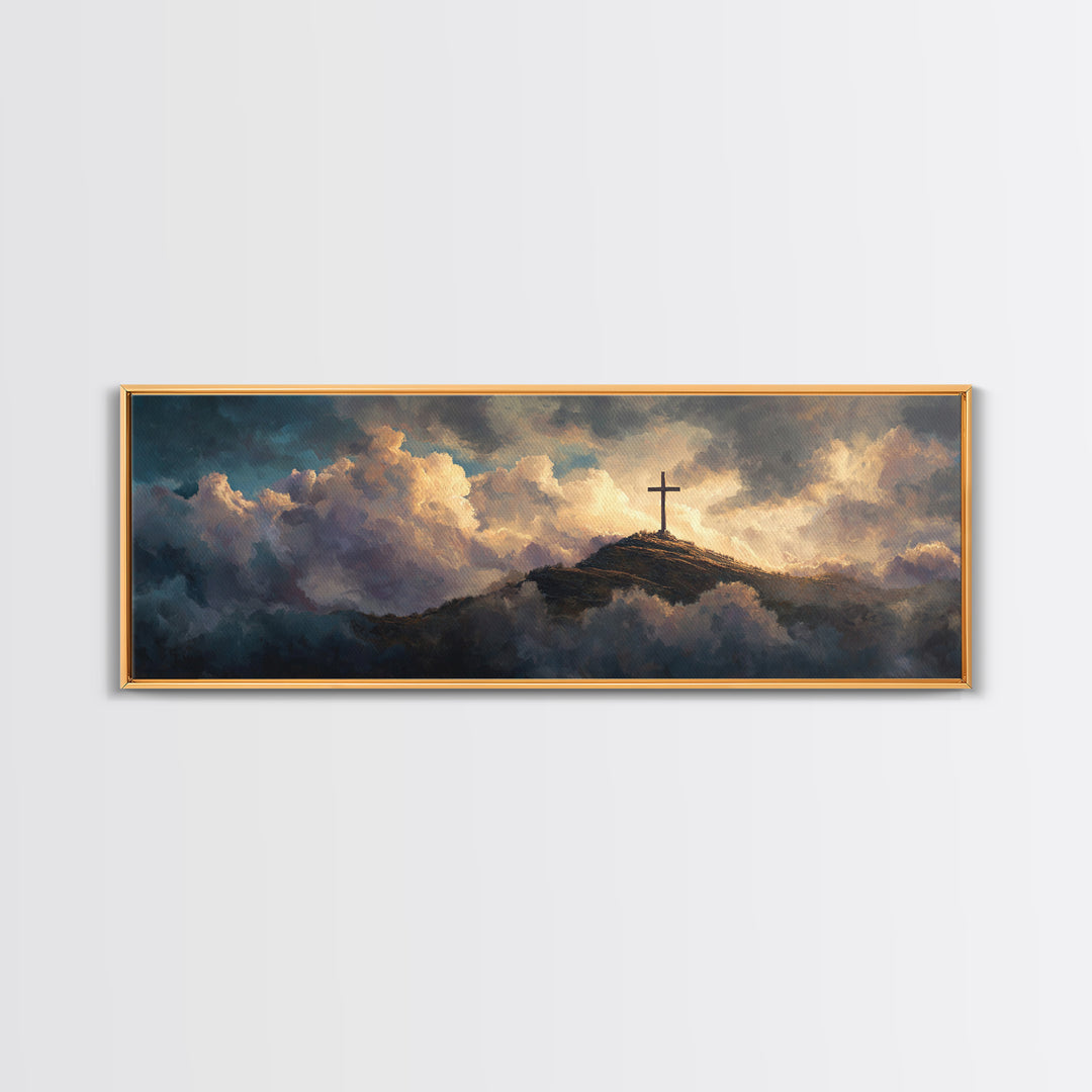 Solitary Cross Atop Mountain Amid Heavenly Clouds Wall Art Large Canvas Print Inspirational Christian Home Decor