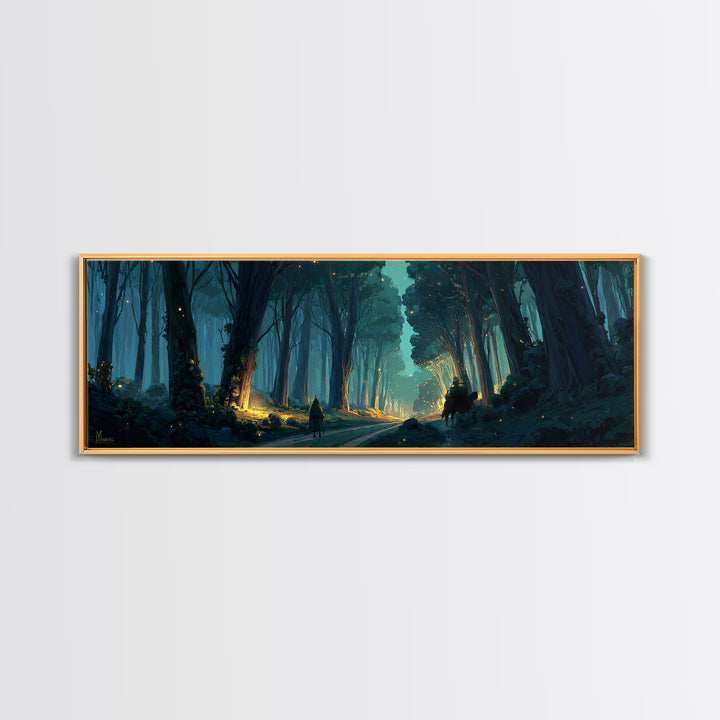 Mystical Enchanted Forest Pathway With Lanterns And Traveler Walking Horse Canvas Print