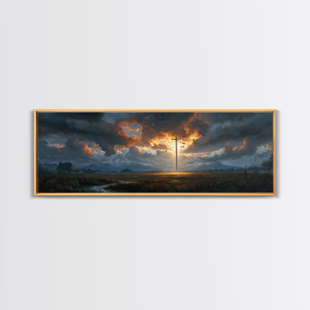 Dramatic Sword Light Rays Landscape Oil Painting Wall Art Framed Canvas Print with Realistic Fantasy Scene for Home and Office