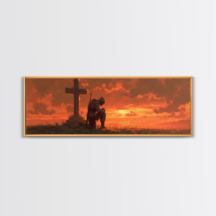 Knight In Armor Kneeling At Cross Dramatic Sunset Religious Framed Canvas Print Wall Art For Home