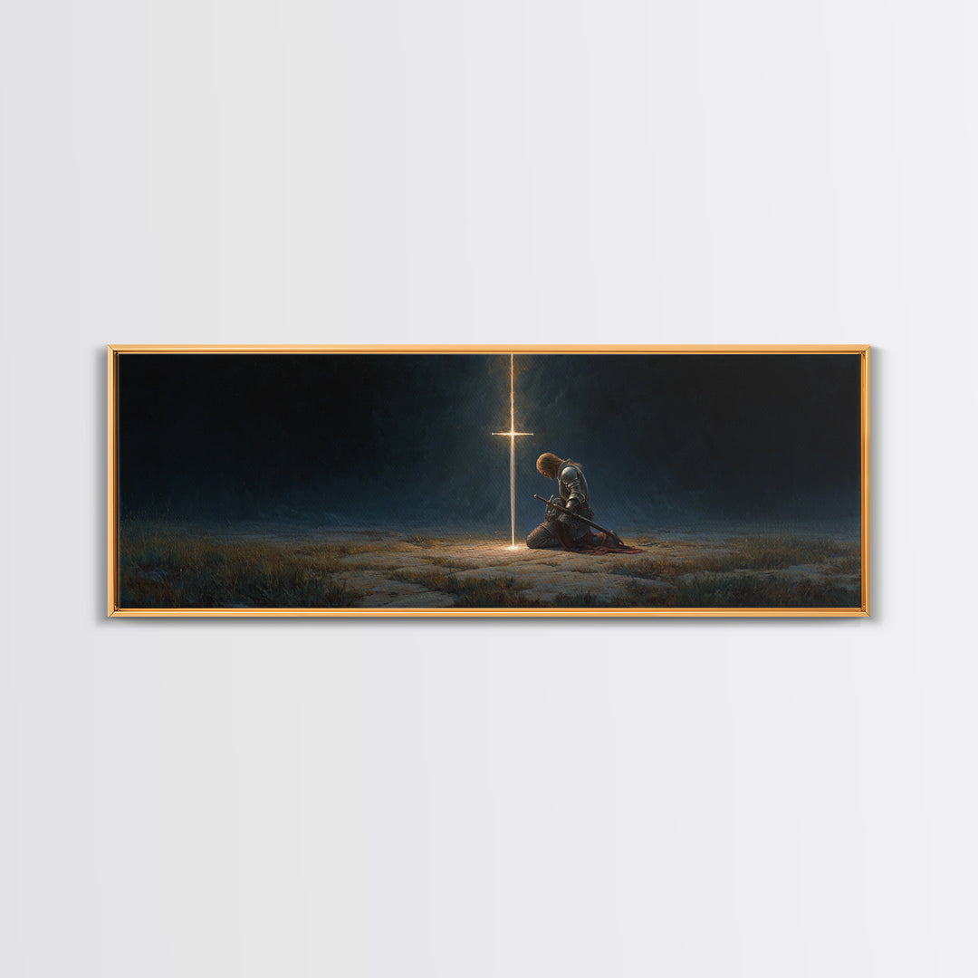 Medieval Knight Kneeling In Prayer Before Glowing Cross Fantasy Wall Art Framed Canvas Print Historic Decor