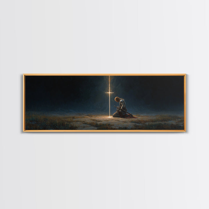 Medieval Knight Kneeling In Prayer Before Glowing Cross Fantasy Wall Art Framed Canvas Print Historic Decor