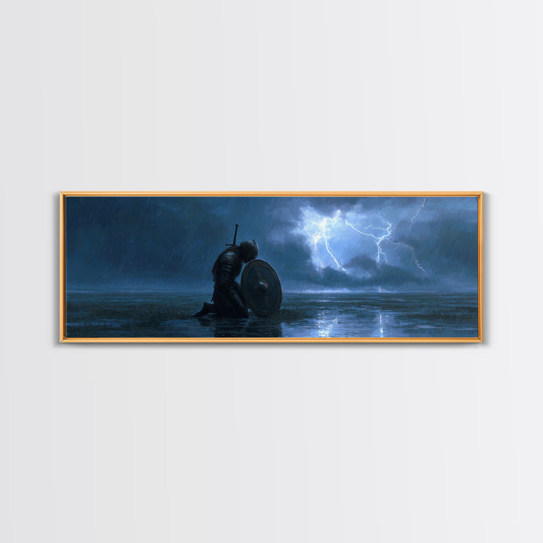 Medieval Knight Kneeling In Rain With Shield Lighting Stormy Sky - Canvas Print, Wall Art For Living Room, Office Decor, Gift For Him