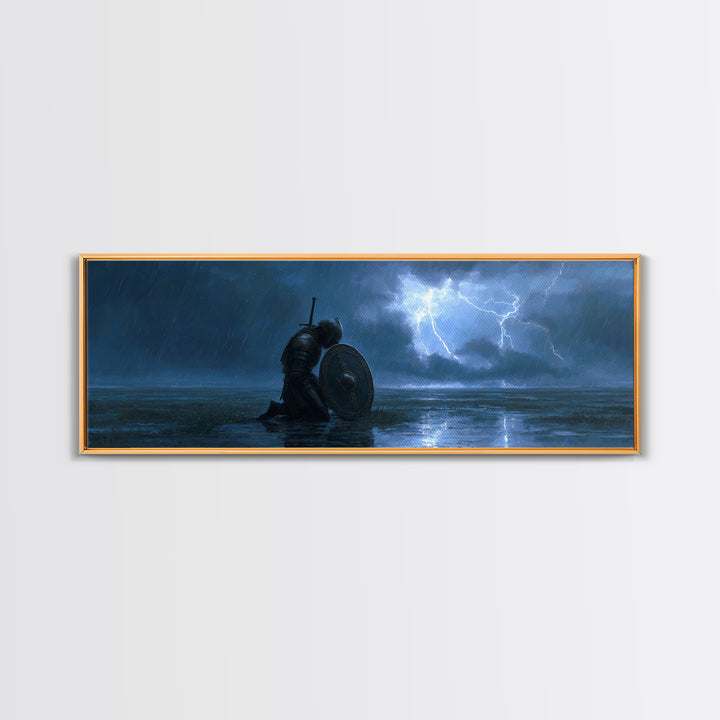 Medieval Knight Kneeling In Rain With Shield Lighting Stormy Sky - Canvas Print, Wall Art For Living Room, Office Decor, Gift For Him