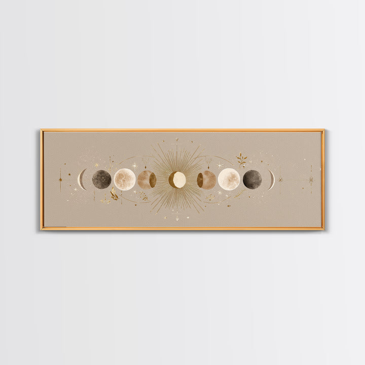 Moon Phases Celestial Wall Art, Gold Sun And Lunar Canvas Print, Neutral Boho Bedroom Decor, Mystical Above Bed Art Print