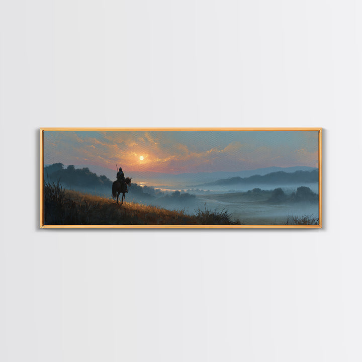 Knight On Horseback Overlooking Serene Valley At Sunset Landscape Wall Art Canvas Print For Calming Decor