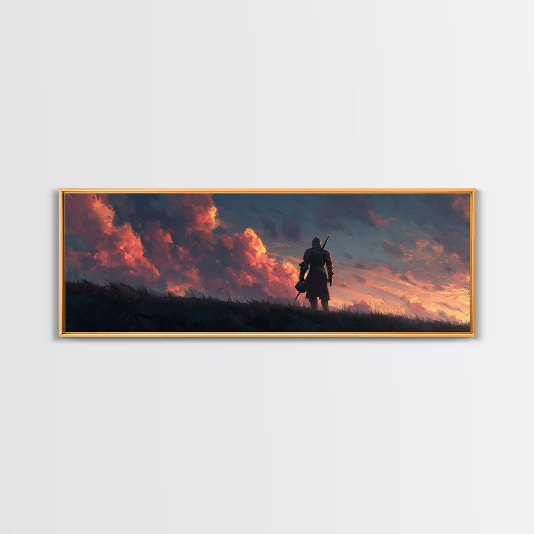 Medieval Knight Standing Against Dramatic Sunset Sky - Inspirational Wall Art Canvas Print For Bedroom And Office Decor