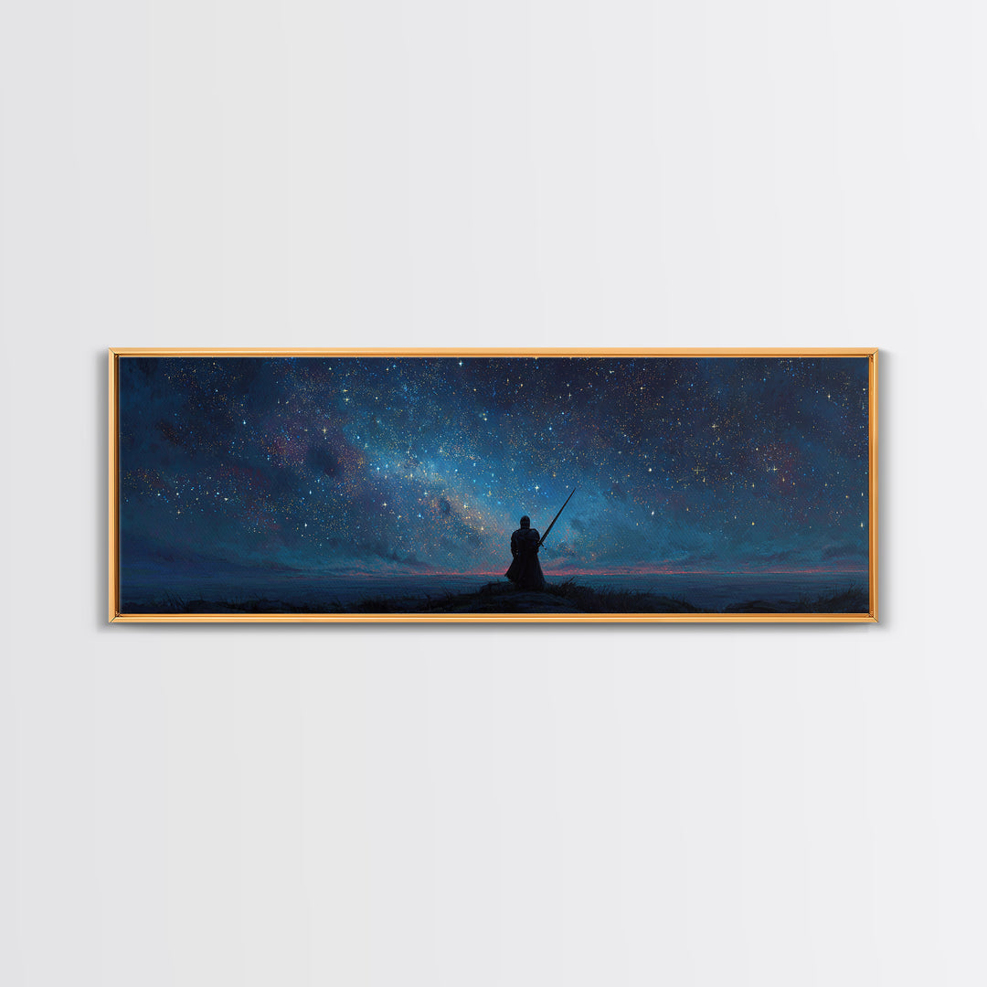 Magical Knight In Armor Under Starry Sky Night Landscape Wall Art Framed Canvas Print For Fantasy Decor