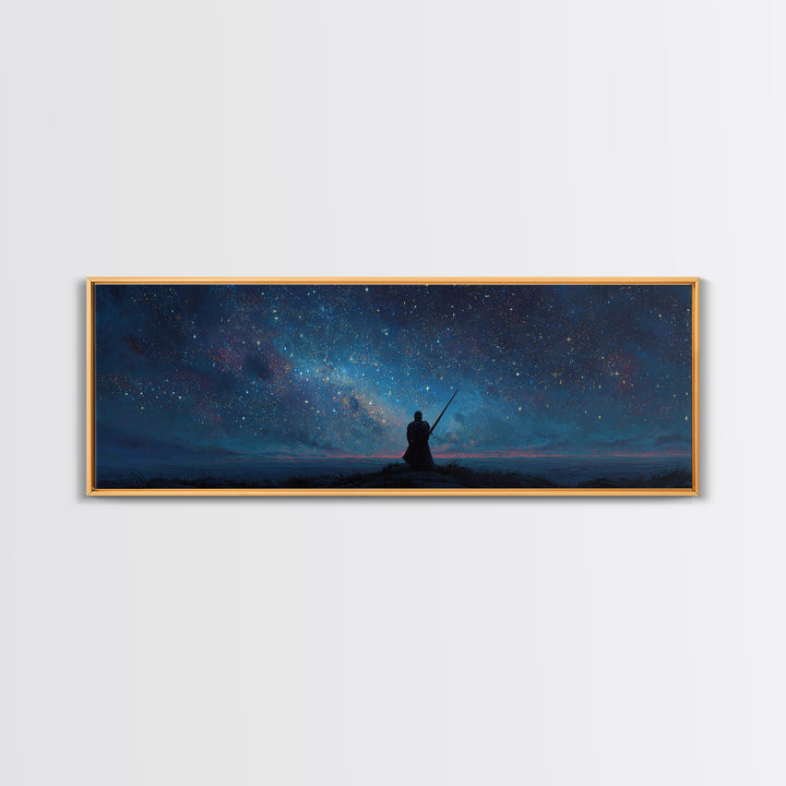 Magical Knight In Armor Under Starry Sky Night Landscape Wall Art Framed Canvas Print For Fantasy Decor