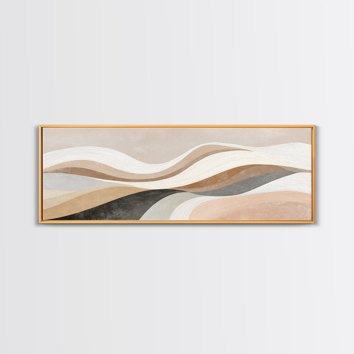 Layered Neutral Abstract Wall Art, Wavy Beige Canvas Print, Mid Century Modern Living Room Decor, Long Horizontal Art Print