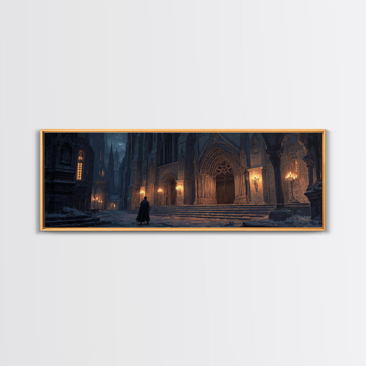 Dark Gothic Cathedral In Snow Framed Canvas Print, Moody Wall Art, Medieval Architecture Decor, Fantasy Cityscape Art Print