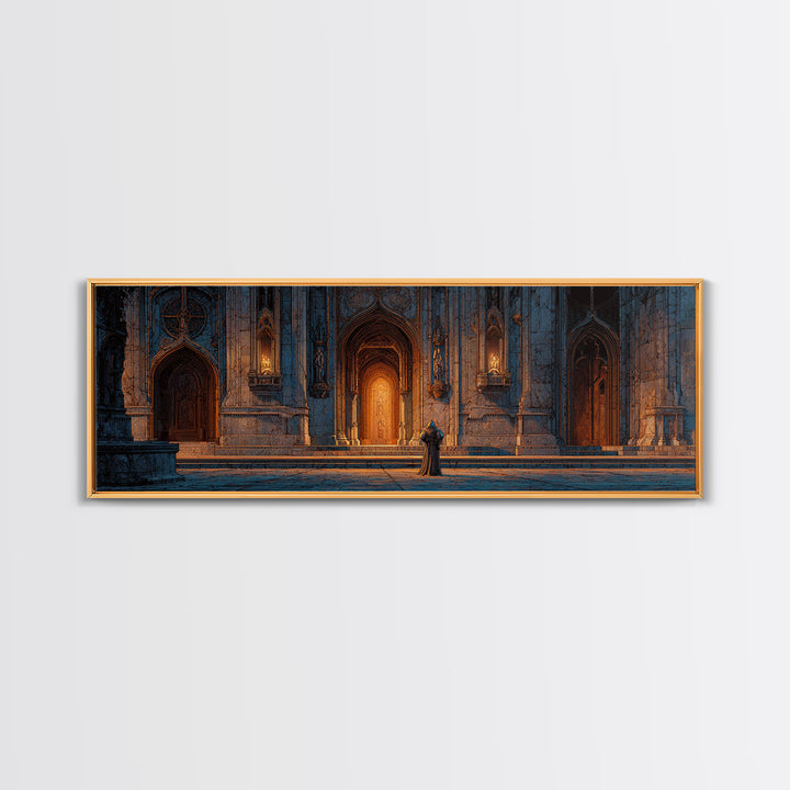 Medieval Knight Standing Before Illuminated Gothic Cathedral Entrance Wall Art Framed Canvas Print