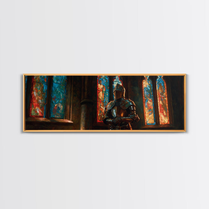 Praying Knight In Gleaming Armor Amid Stained Glass Windows Framed Canvas Print Medieval Religious Wall Art