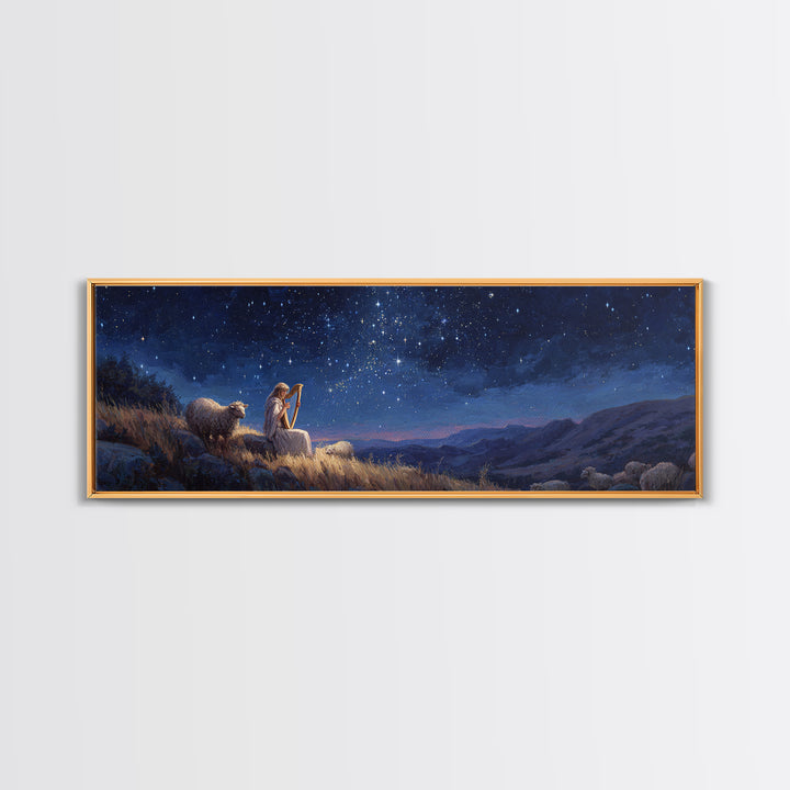Serene Nighttime Scene of Woman Playing Harp Among Sheep Under Starry Sky Magical Landscape Wall Art Canvas Print