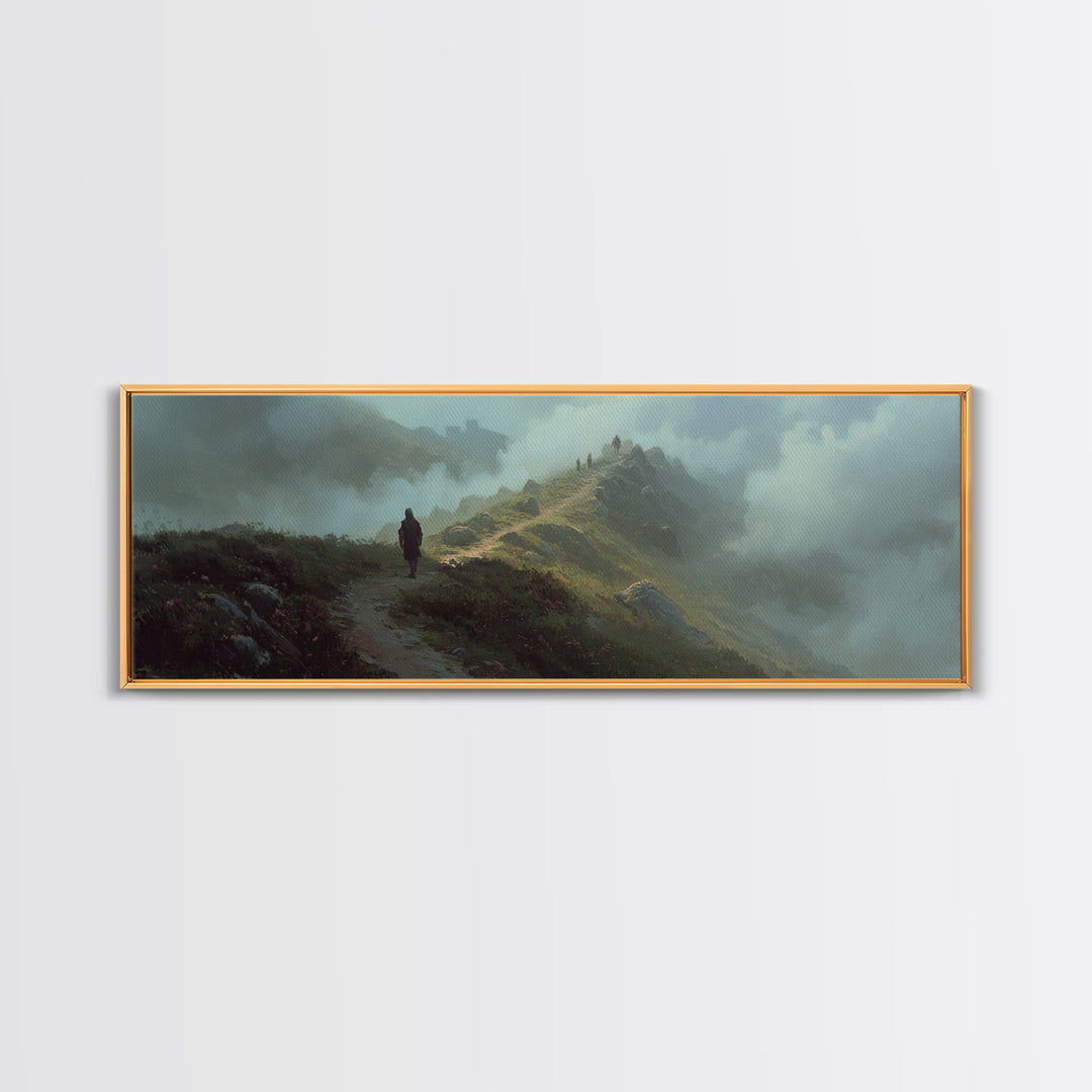 Epic Fantasy Landscape With Knight On Foggy Mountain Path Wall Art Framed Canvas Print For Bedroom Decor