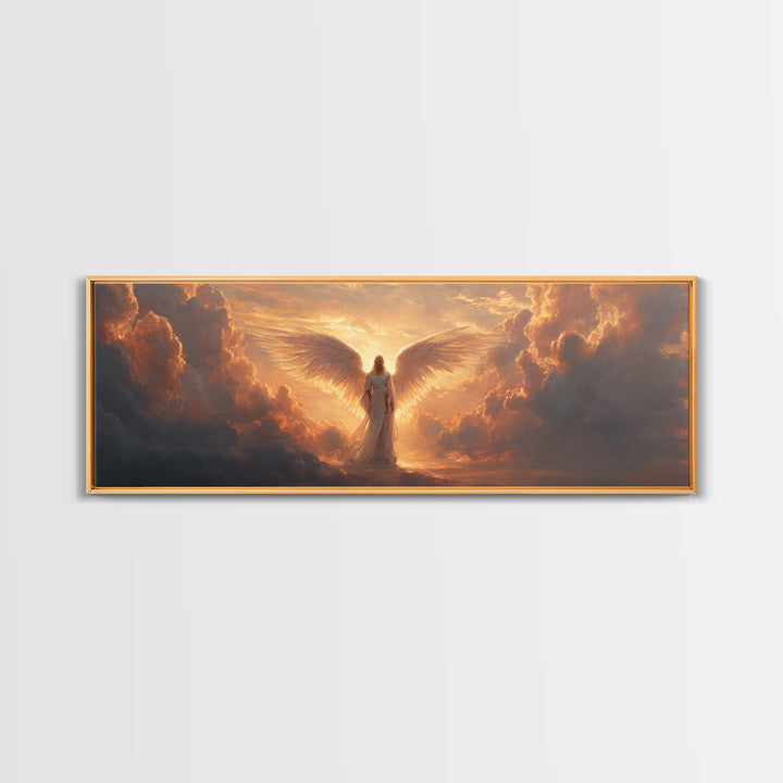 Majestic Angel Figure Surrounded By Glowing Clouds Inspirational Religious Wall Art Canvas Print For Spiritual Home Decor