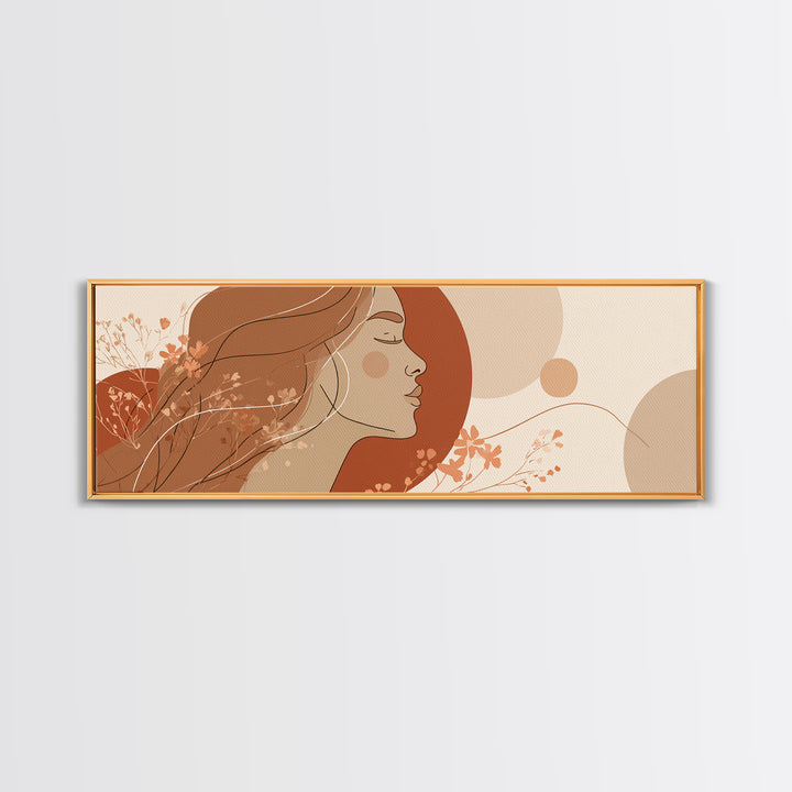 Boho Woman Profile Floral Wall Art, Terracotta Sun Canvas Print, Feminine Abstract Portrait, Modern Bedroom Decor, Gift For Her
