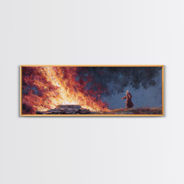 Biblical Scene Of Fiery Altar With Aged Man In Robe Religious Wall Art Framed Canvas Print For Home Decor