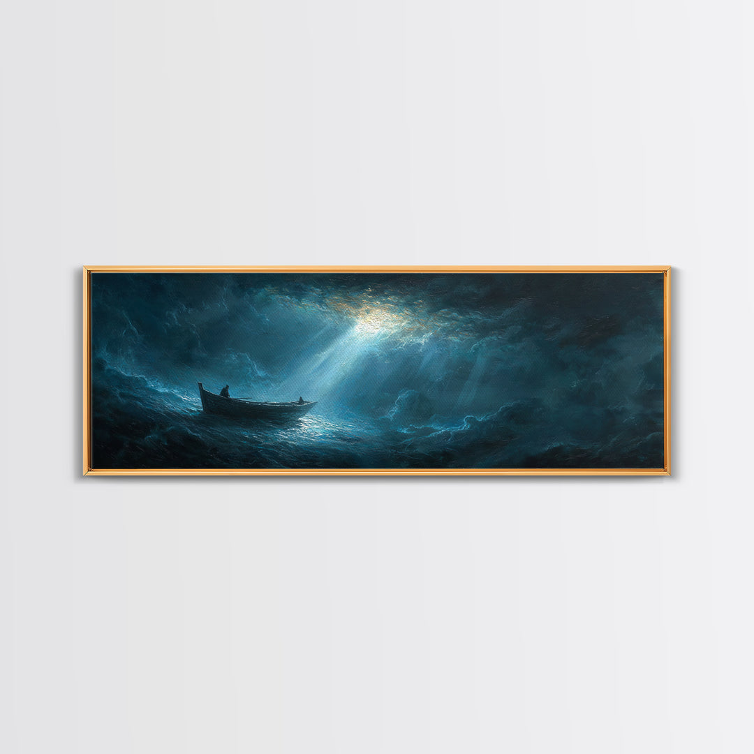 Stormy Seascape With Lone Boat Piercing Light Rays Through Clouds Canvas Print Large Wall Art Home Decor