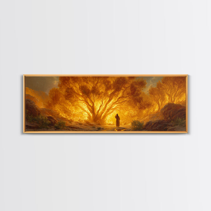 Dramatic Burning Tree With Spiritual Figure Walking Through Fiery Forest Original Art Canvas Print For Inspirational Wall Art Decor