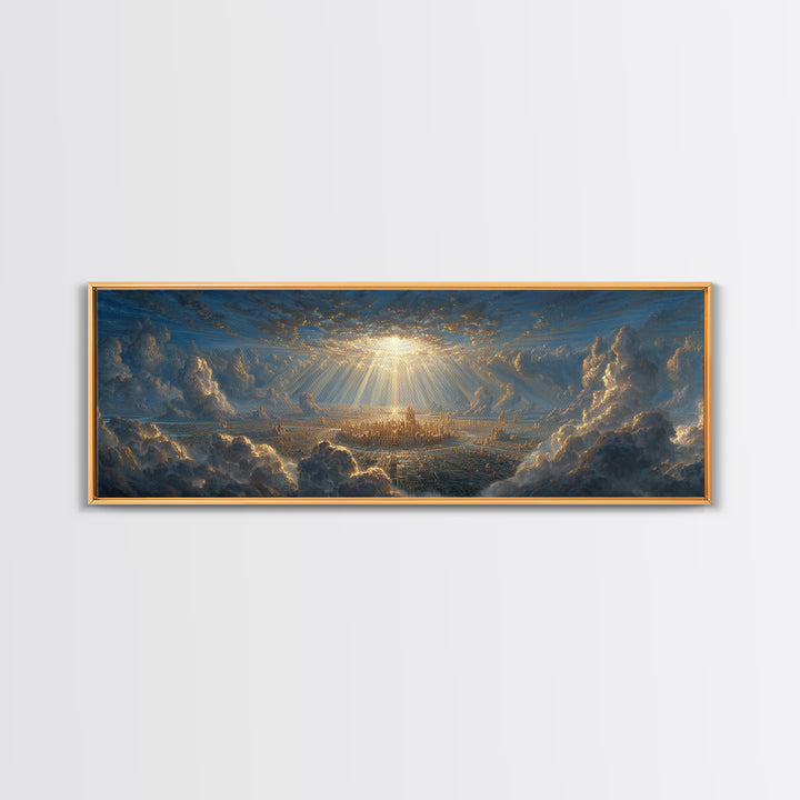 Sunlit Fantasy City Amidst Dramatic Clouds Wall Art Framed Canvas Print For Modern Home Decor And Fantasy Art Collectors Gift