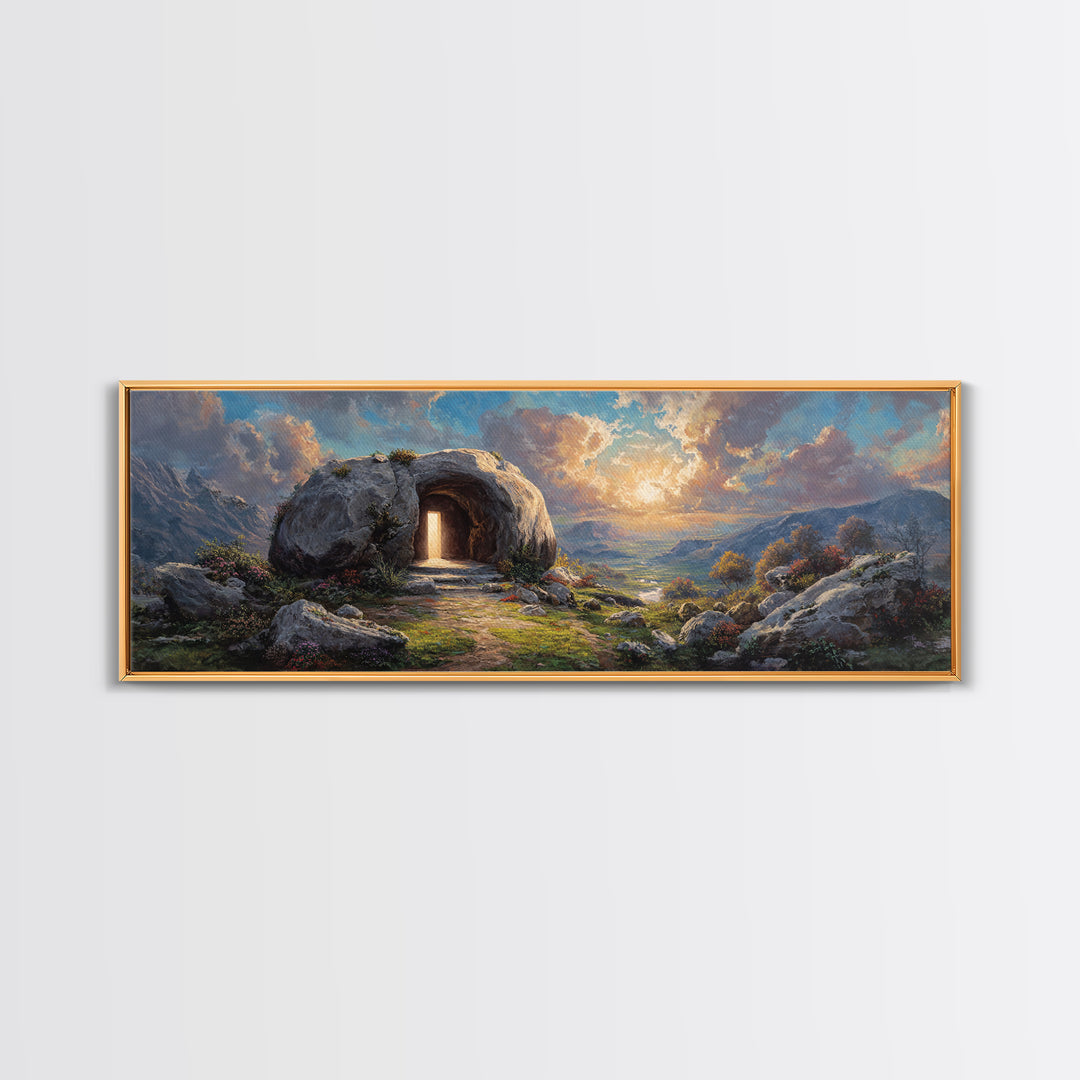 Luminous Entrance To Rocky Cave At Sunset Landscape Wall Art Framed Canvas Print For Home Decor