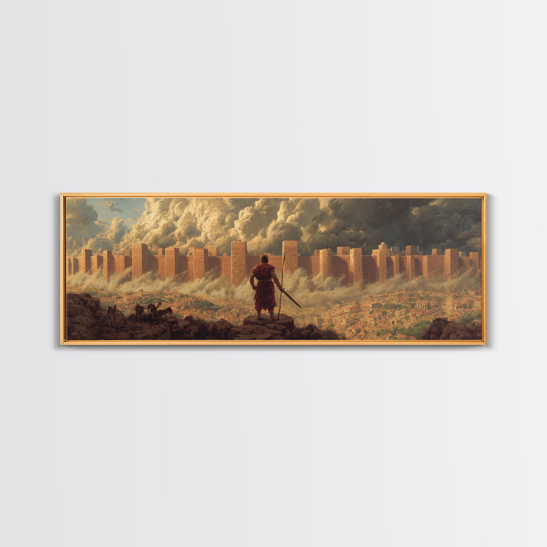 Epic Ancient Siege Scene With Warrior Overlooking Burning City - Dramatic Wall Art Canvas Print For Home Office And Living Room Decor