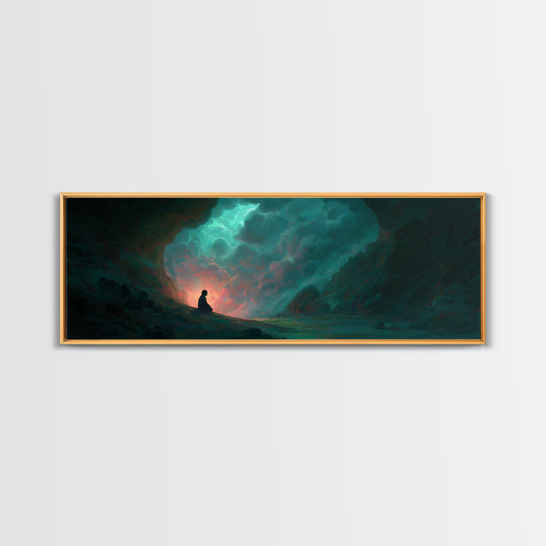 Meditating Figure In Mystical Cave With Glowing Light And Nature Elements Wall Art