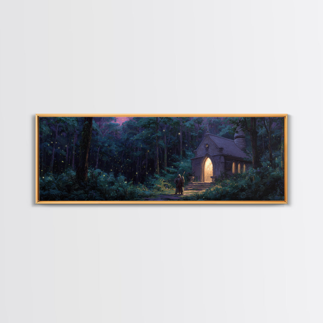 Enchanting Forest Chapel At Night With Glowing Lights And Two Travelers Original Fantasy Wall Art Print