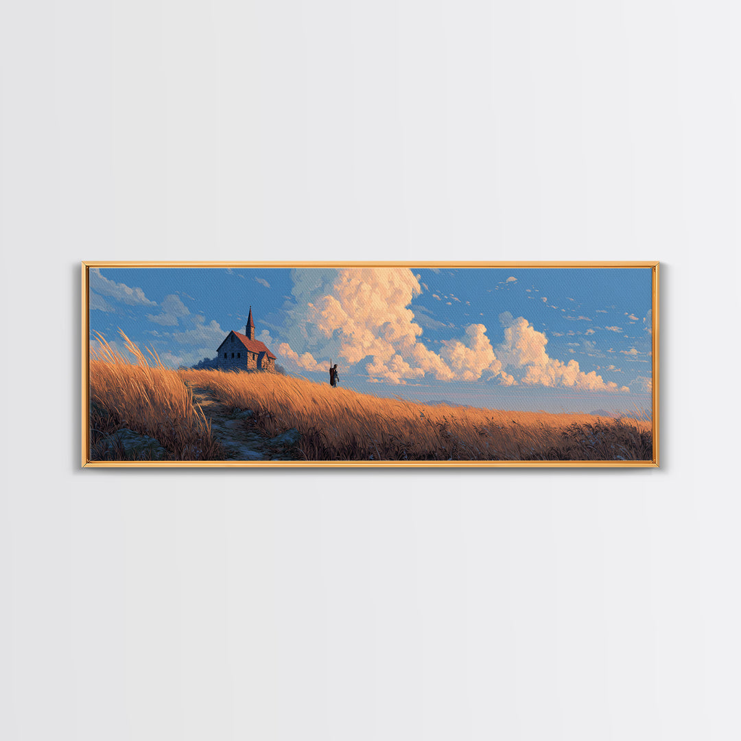 Peaceful Countryside Scene With Golden Wheat Field And Small Church Under Dramatic Sky Framed Canvas Print For Nature Wall Art