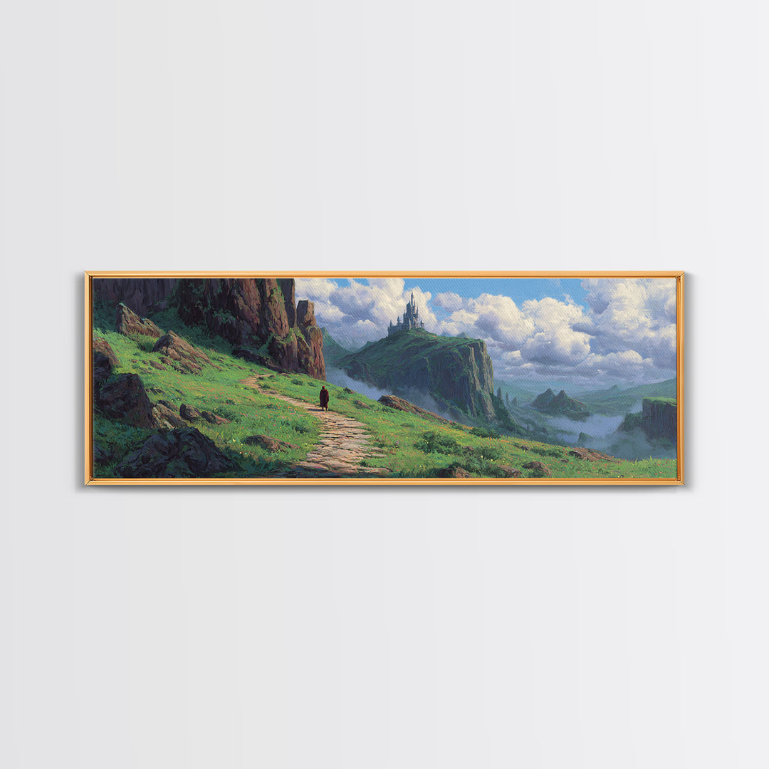 Enchanting Fantasy Landscape With Lone Traveler Walking Toward Mystic Castle on Cliff Surrounded by Lush Greenery Wall Art Canvas Print