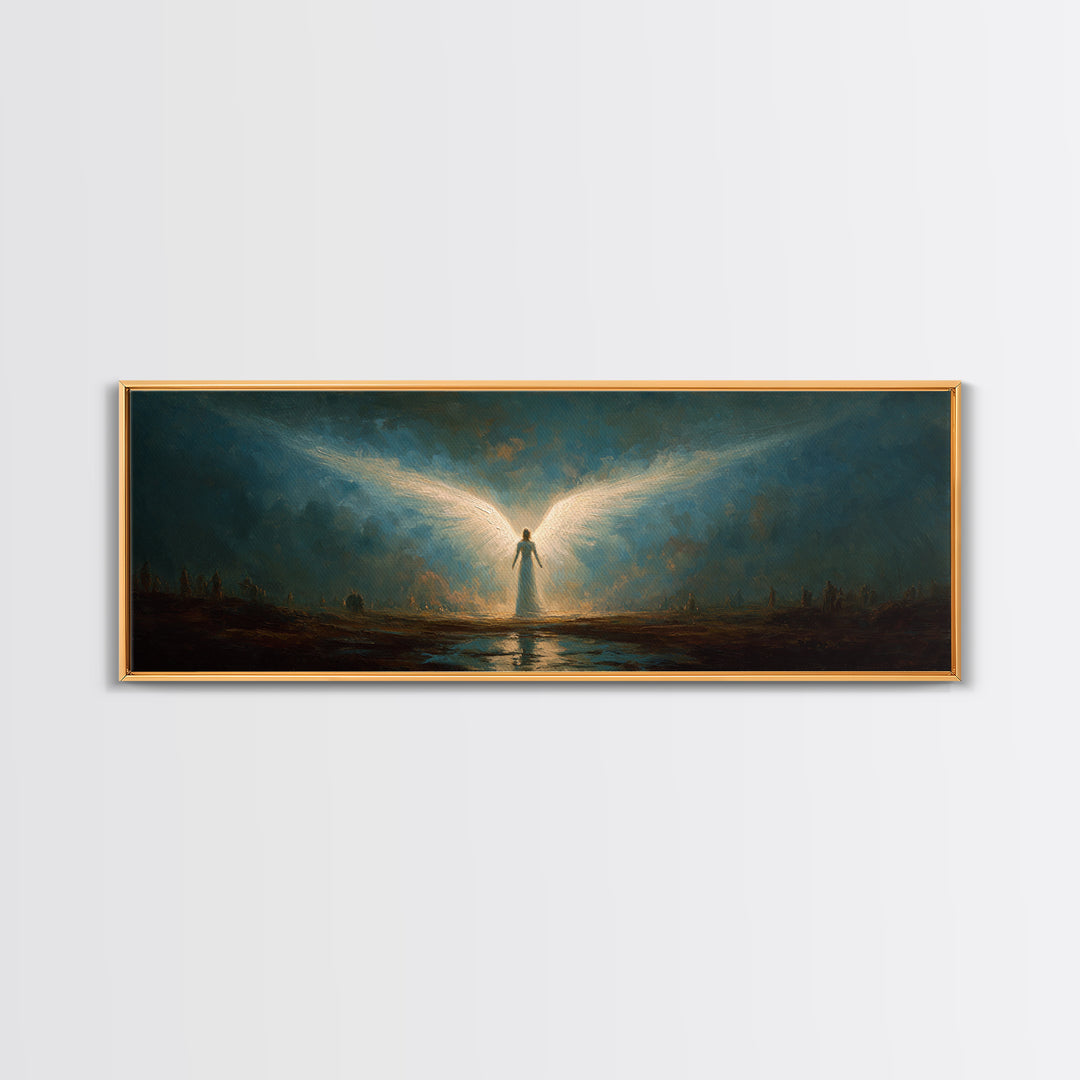 Ethereal Canvas Print Of Angelic Figure Radiating Light Among Heavenly Battle Scene Spiritual Wall Art For Inspirational And Contemporary Home Decoration